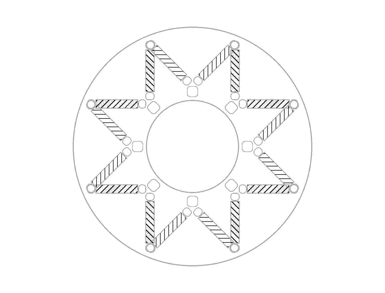 Cross-section diagram of an interior permanent magnet rotor, with pairs of magnets buried inside the rotor in V shapes