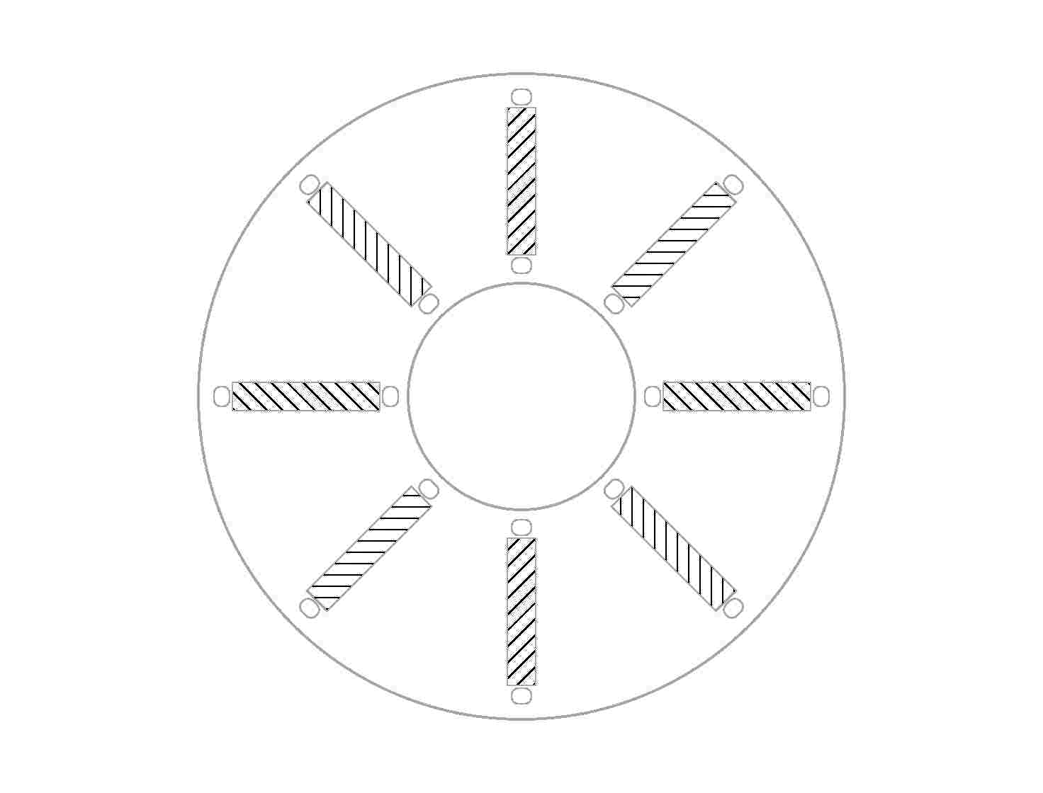 Cross-section diagram of a spoke rotor, with rectangular magnets arranged radially like wheel spokes