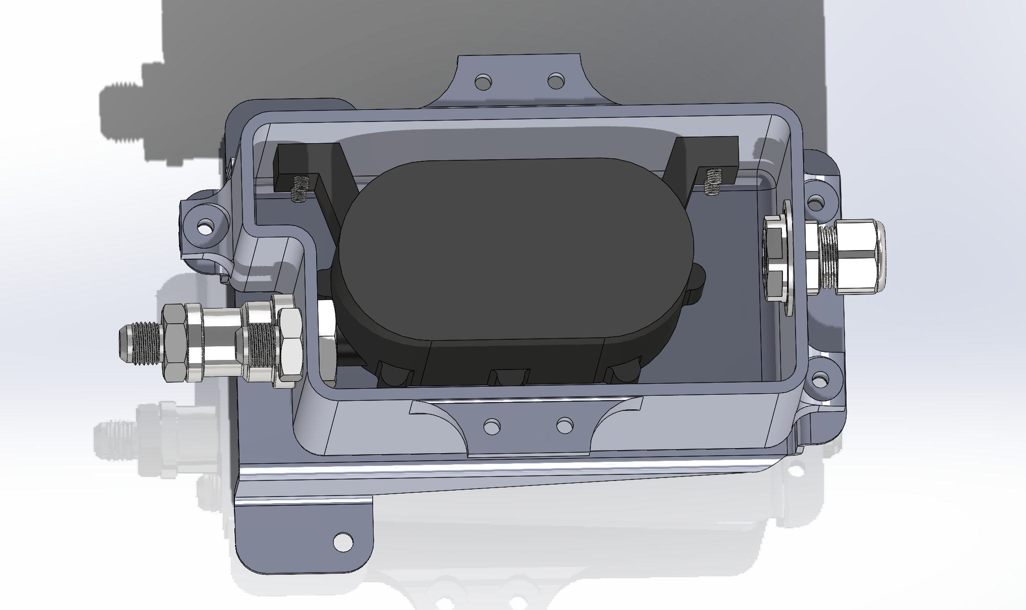 CAD render of the reservoir with the submersible pump inside